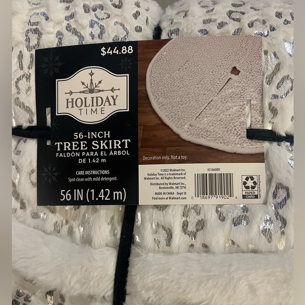 Holiday Time White Silver Cheeta Tree Skirt, 56-inch